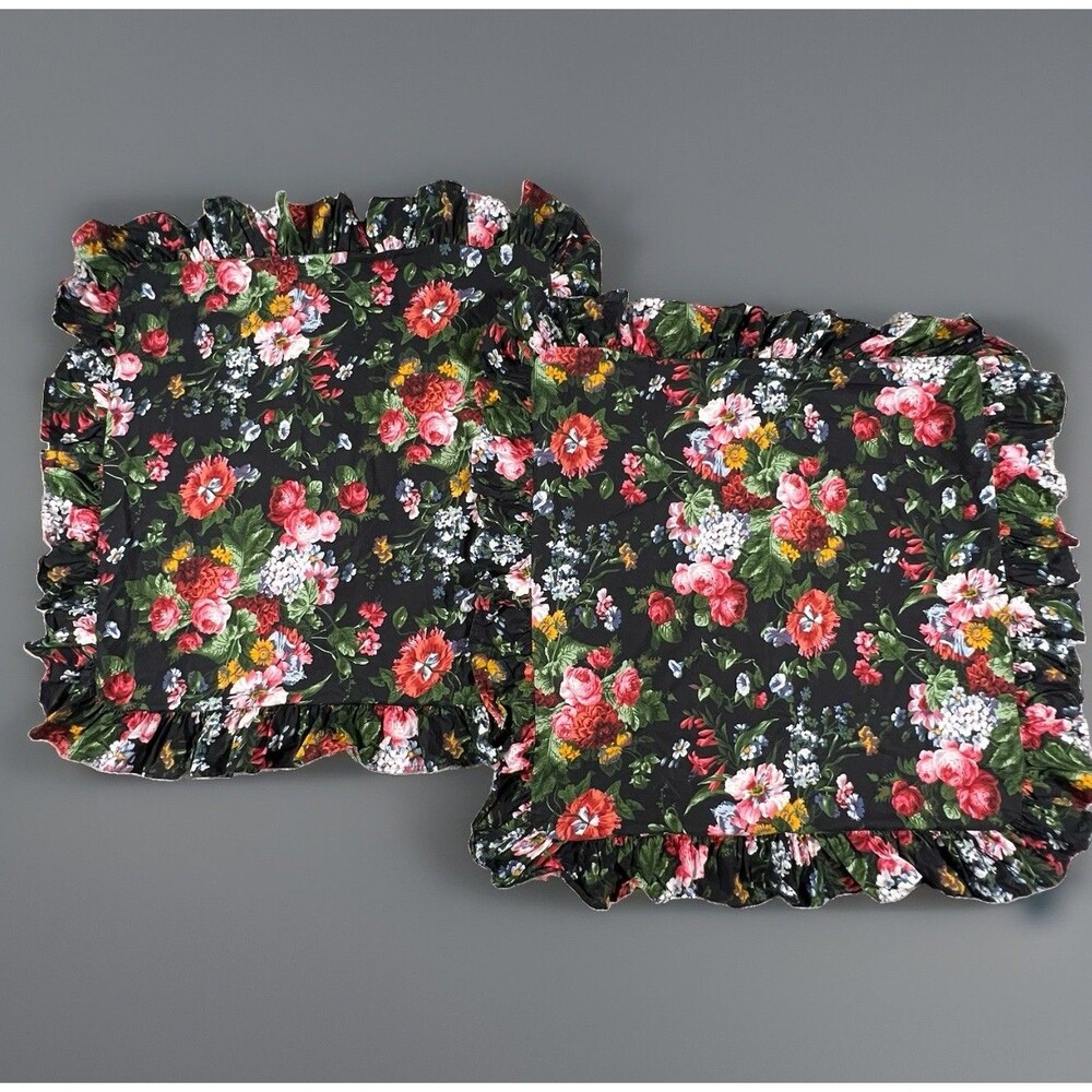 Ralph Lauren Vintage Isadora Cossette Black Floral Euro Shams Ruffled 25X25” Two